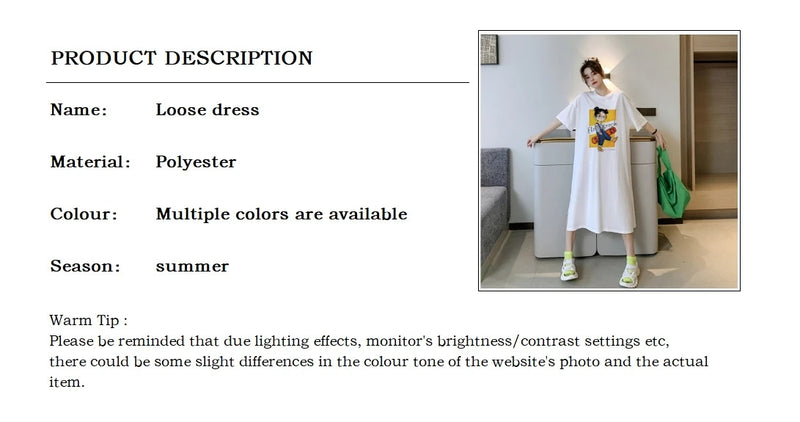 Harajuku Graphic White Long Dress Woman Clothing Y2k Casual Short Sleeve O-Neck Korean Fashion Summer Womens Loose Dresses 2024