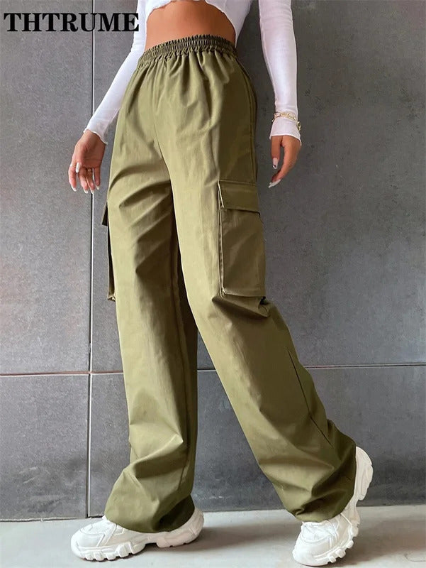 Vintage Streetwear Cargo Pants Fashion Women Solid Oversized Pocket High Waist Baggy Pant Casual Hip Hop Straight New Trousers