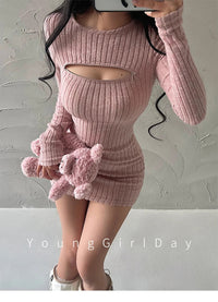 WOMENGAGA Sexy Hollow Zipper Tight Long Sleeved Sweater Knitted Dress Elegant Short Dress Fashion Sweet Kroean Women Top 1S4E