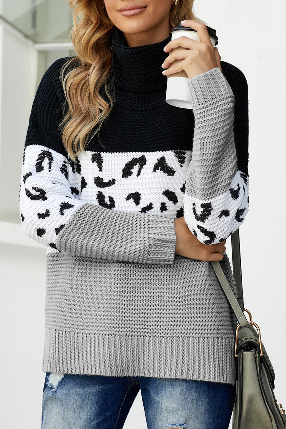 Black Turtleneck Splicing Chunky Knit Pullover Sweater