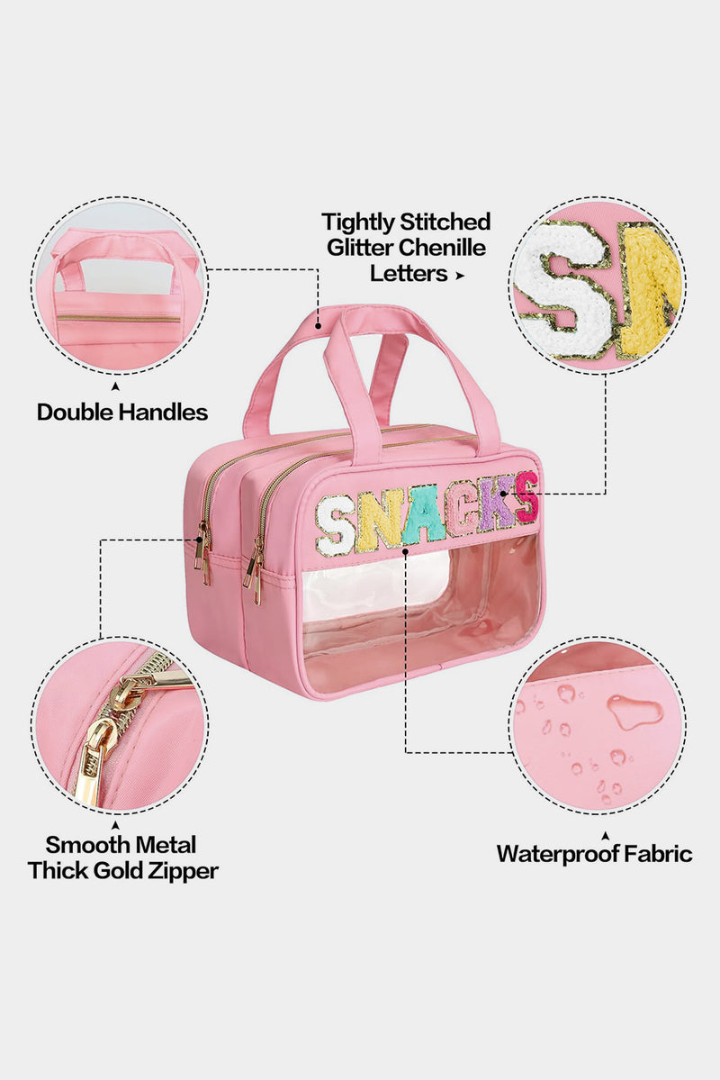 Pink SNACKS Clear PVC Double Layered Portable Bag