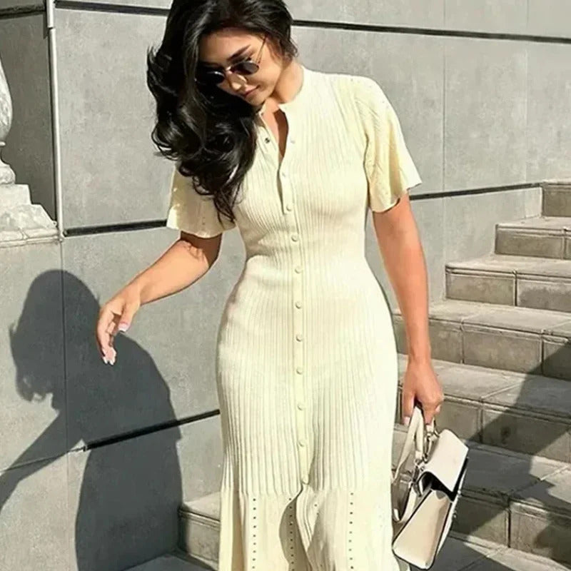 Elegant Knitted Ribbed Long Dress Women Slim Wave O-neck Short Sleeve Hip Package Dresses Female 2024 Summer Lady  Robe