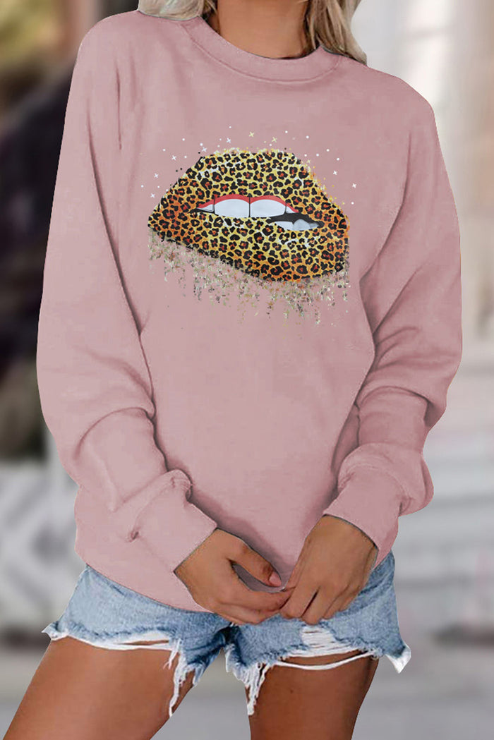 White Crew Neck Leopard Lips Graphic Sweatshirt