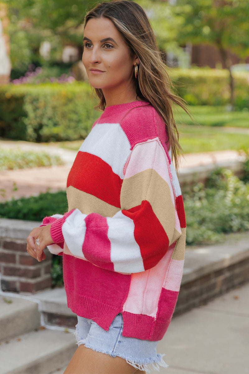 Fiery Red Mix Horizon Stripes Dolman Sleeve Sweater