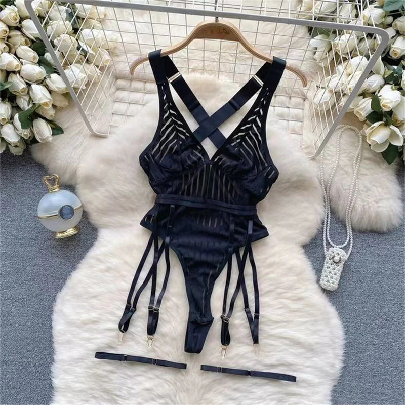 Strap Bow Hot Women Nightwear Mesh Sexy Night Dress Thin Tansparent Lace Pajamas Dress+Thong 2024 Lady Romantic Backless Nightie