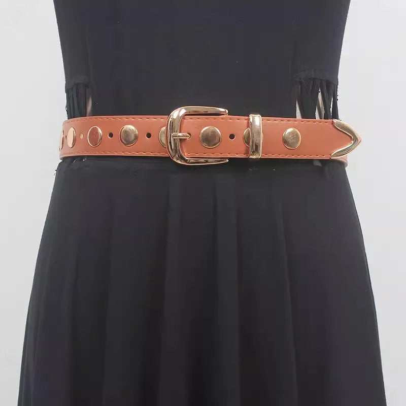 Women's Runway Fashion PU Leather Rivet Cummerbunds Female Dress Corsets Waistband Belts Decoration Narrow Belt R488