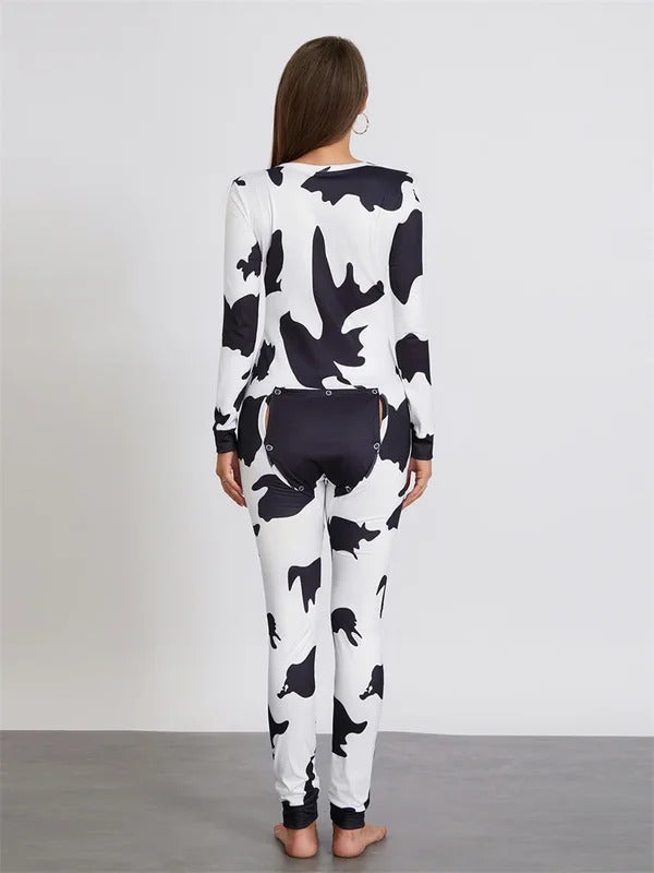 Women Buttoned Flap Jumpsuits Sleepwear Cow Printed Long Sleeve V Neck Bodycon Romper Spring Fall Loungewear