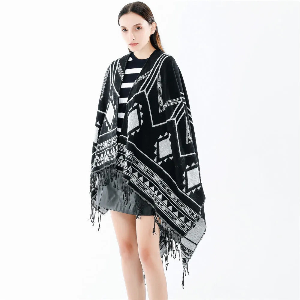 Cloak Poncho Capes 2024 New Indian Nepalese Style Geometric Tassel Split Women Shawl Warm Air Conditioning Room Lady Blue