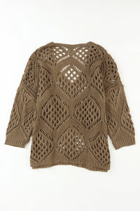 Khaki Hollowed Knit V Neck Dolman Sleeve Sweater