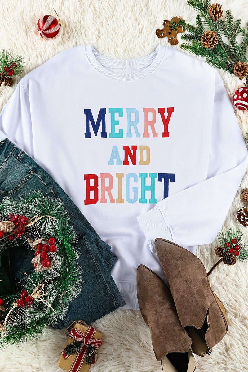 White MERRY AND BRIGHT Stitching Graphic Sweatshirt