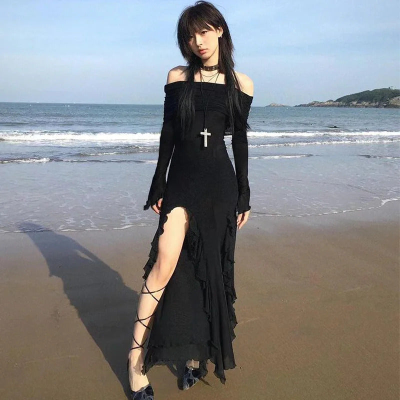 Rockmore Black Slash Neck Party Dresses Elegant Fashion Ruffled Side Slit Slim Long Dress Off Shoulder Women Vacation vestidos