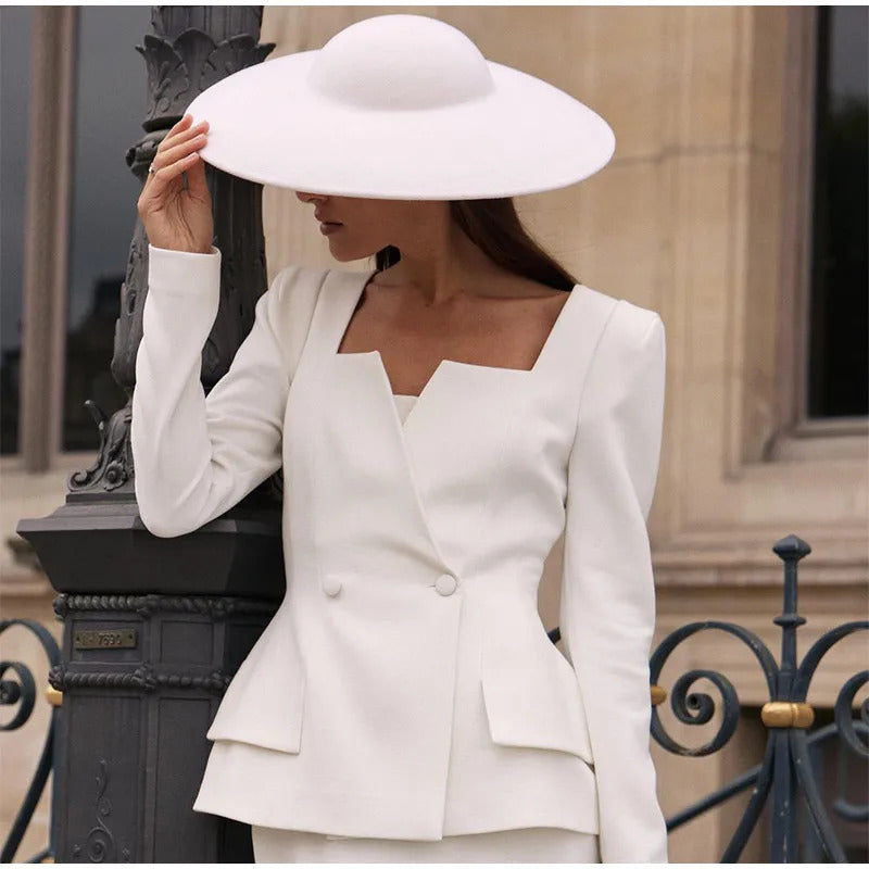 Elegant White Square Collar Long Sleeve High Waist Top Skirt Set Women Fashion Solid Slim Fit Suits 2025 Lady Chic Party Outfits