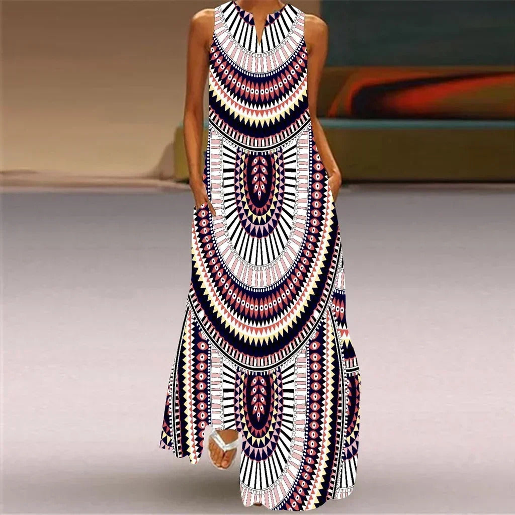 Women's summer Boho vintage maxi dress Women's pocket loose casual print A-line dresses