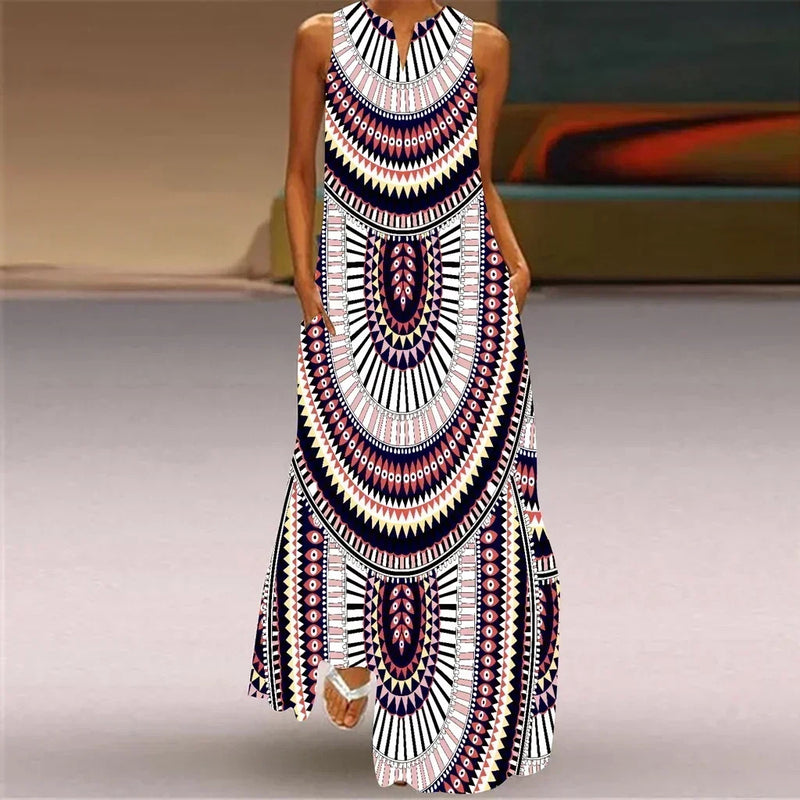 Women's summer Boho vintage maxi dress Women's pocket loose casual print A-line dresses