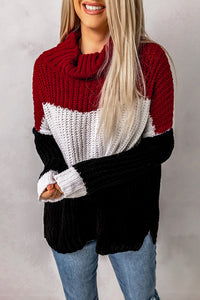 Black Cowl Neck Colorblock Cable Knit Sweater