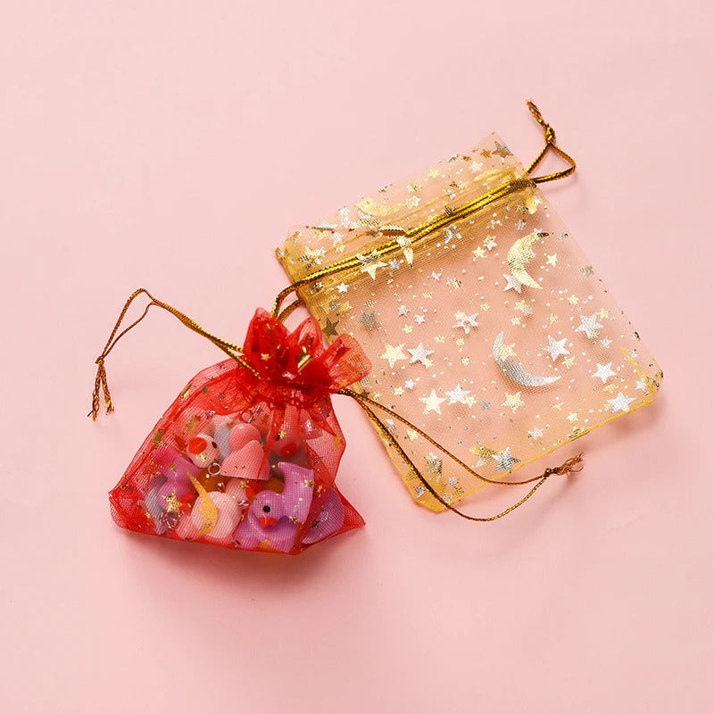 50pcs/Lot Multiple-sizes Printing Star Moon Christmas Organza Sack Drawstring Charm Packaging Bags Daily Jewelry Package