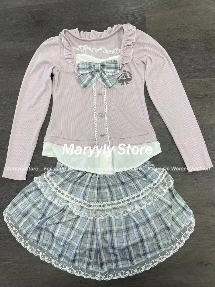 Japanese Sweet Preppy Style Skirt Set Women Kawaii Lace Patchwork Bow Tops + Y2k Plaid Mini Skirt Elegant Outifits 2 Piece Set