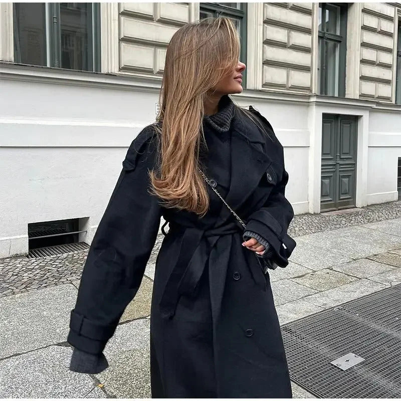 Elegant With Belt Black Long Coat For Women Oversize Woolen Double Button Lapel Overcoat Autumn New Lady High Street Outerwear