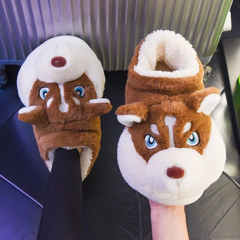 Women Indoor Cotton Slippers Cute Cartoon Dog Winter Warm Shoes Couples Home Floor Slides Anti-slip  Female Male House Footwear