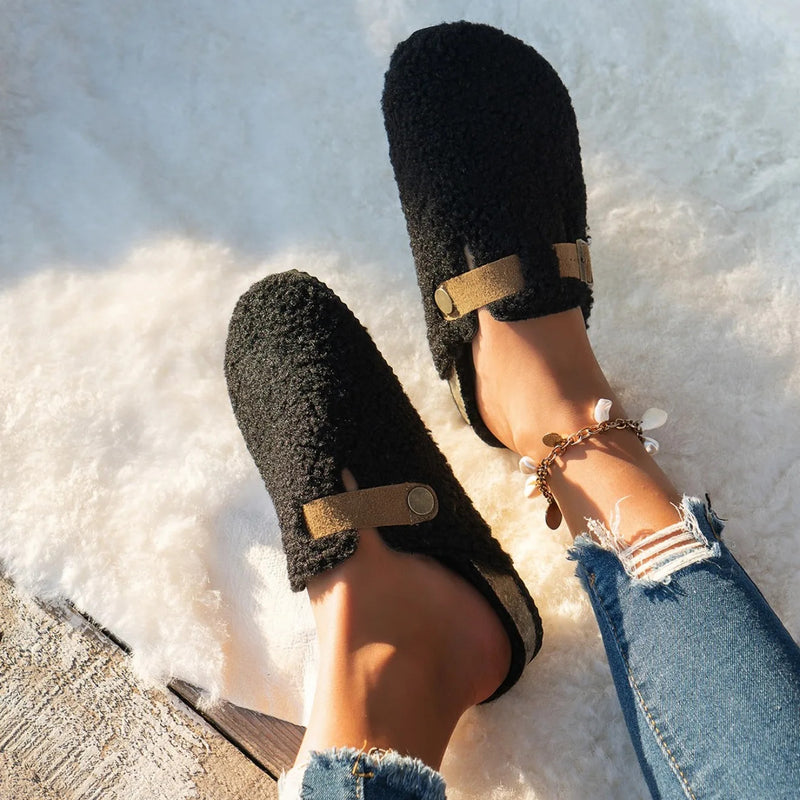 Women Slippers Mules Fur Women Shoes Winter New Buckle Flats Platform Walking Plush Ladies Slides Casual Warm Indoor Boots Women