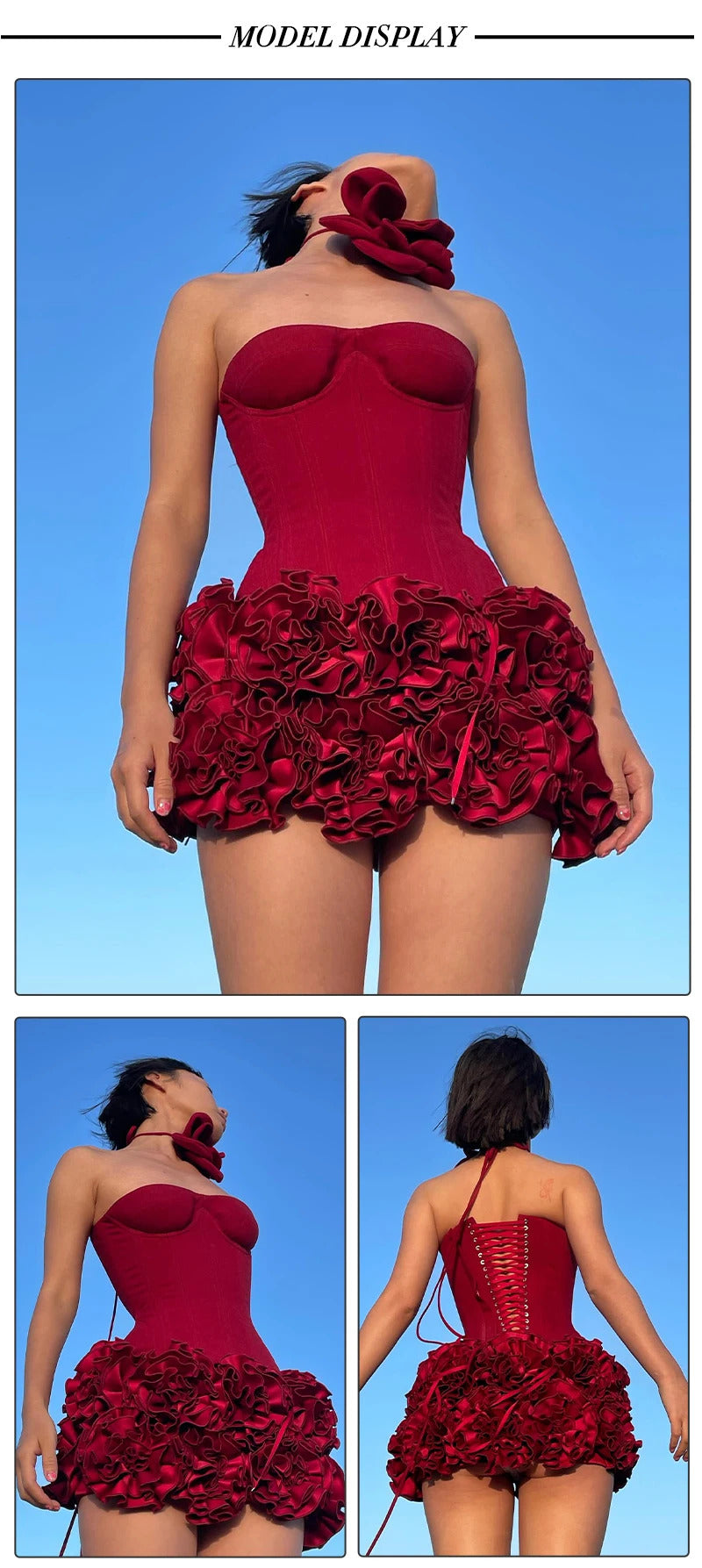 VC Christmas Dress Strapless Backless Red Structured Floral Embellished Mini Length Bodycon Celebrity Party Cocktail Dress