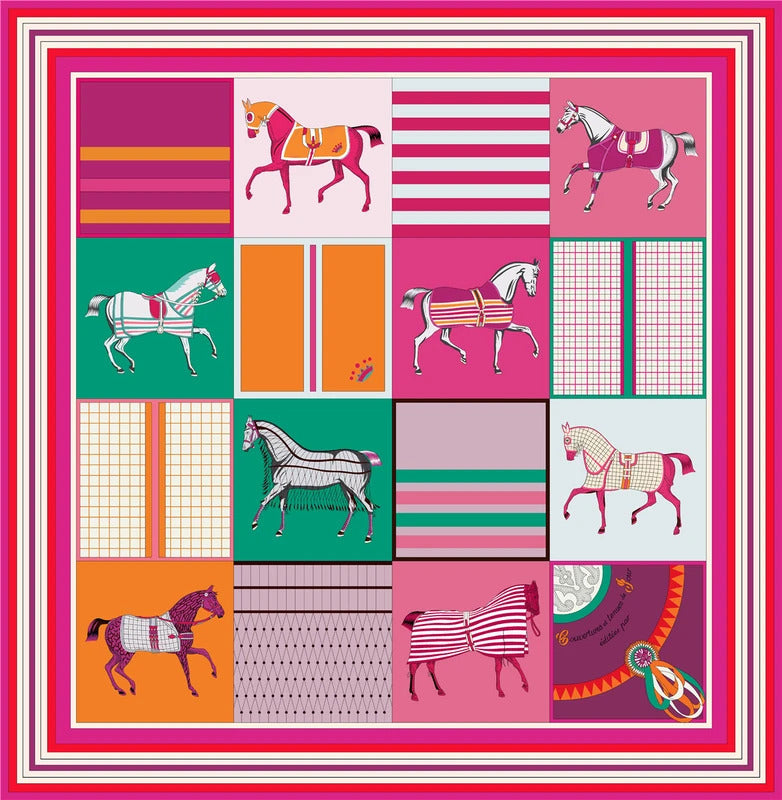 90cm Classic Checkered Horse Brand Square Scarf Women Twill Silk Scarf Shawl Hijab Luxury Bandana Foulard Neckerchief Head Scarf