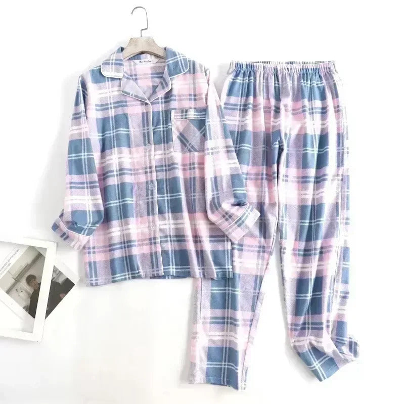 Cotton Flannel Women's Long Pants Pajamas Sets for Sleepwear Plaid Design Loose Autumn and Winter Long Sleeve Trouser Suits