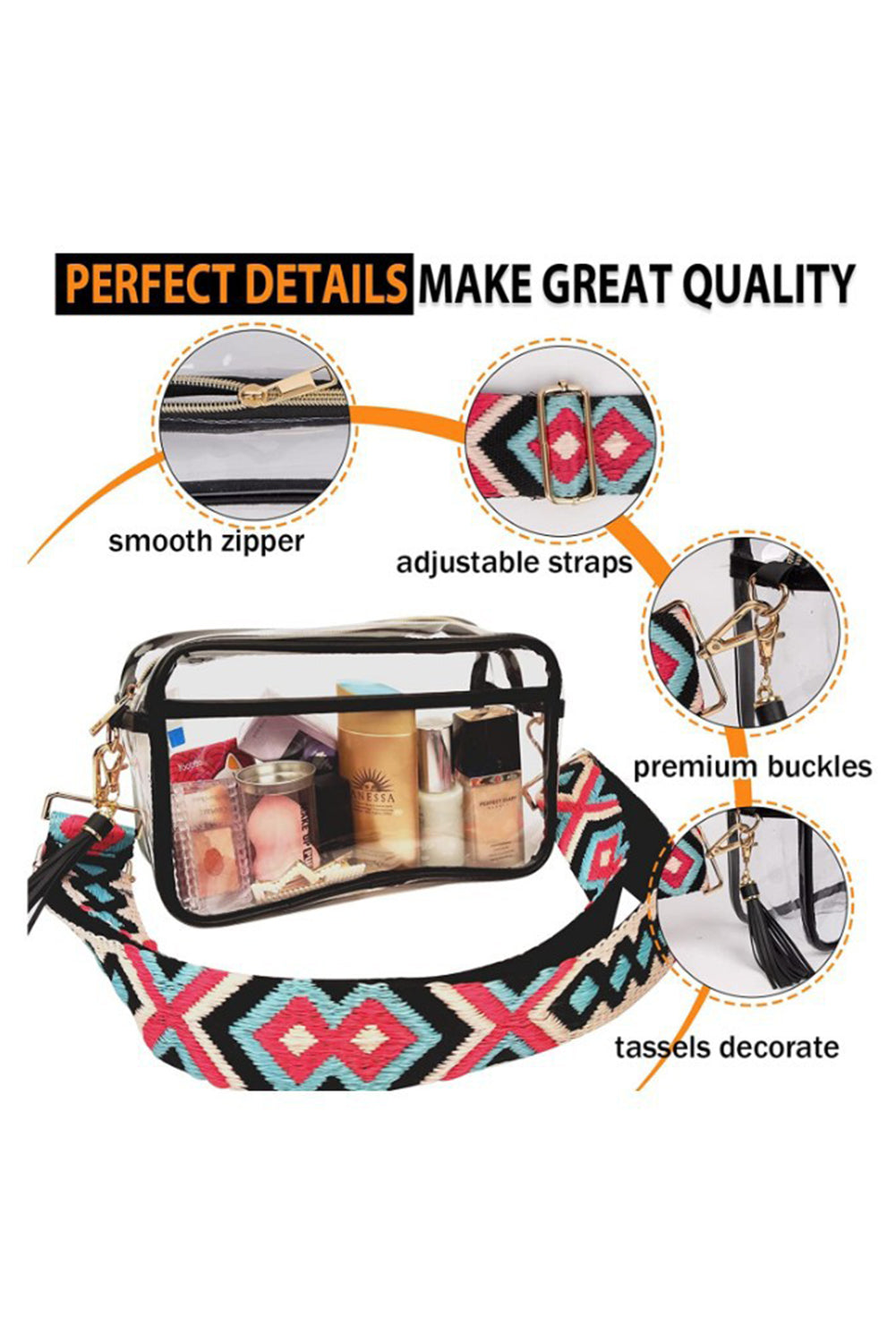 Black Contrast Edge Tassel Geo Print Strap Clear Shoulder Bag