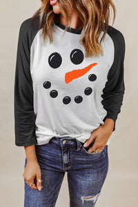 Black Christmas Snowman Face Print Color Block Top