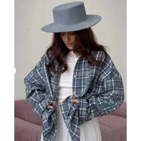 Clacive Fashion Baggy Plaid Women'S Blouse Elegant Lapel Long Sleeve Shirts And Blouses Vintage Pocket Lace-Up Top Female