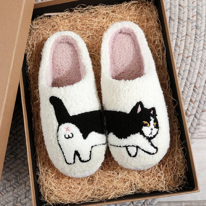 Cow Cat Pet Pattern Embroidery stuffed Home Platform Cozy Wool Cotton Slippers Cute Warm Non-slip Indoor Slippers Pet Mom Gift Catman Men Women Can Wear