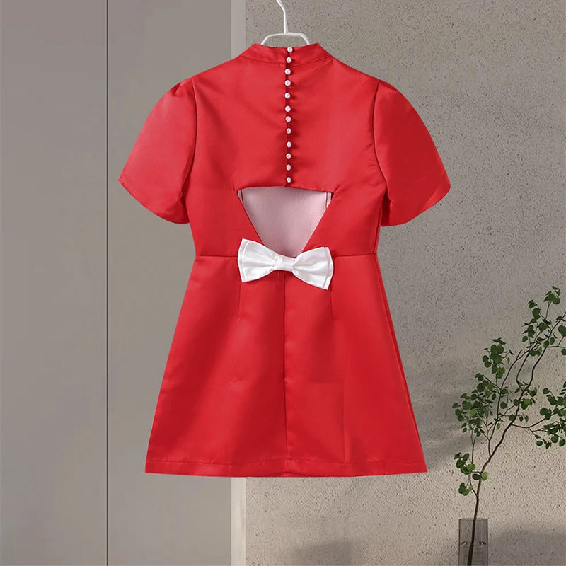 Elegant Bow Hallow Out Mini Dress Women Red O-neck Short Sleeve High Waist A-line Dresses Female 2024 Fashion Party Evening Robe