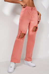 Pink High Waist Ripped Straight Leg Pocket Jeans