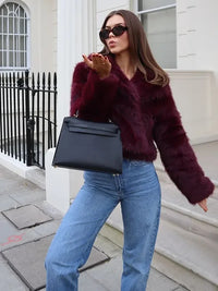 Wine Red Fluffy Faux Fur Short Coat Women Elegant Full Sleeve Warm Lapel Jacket New Winter Woman Commuter Outerwear 2024