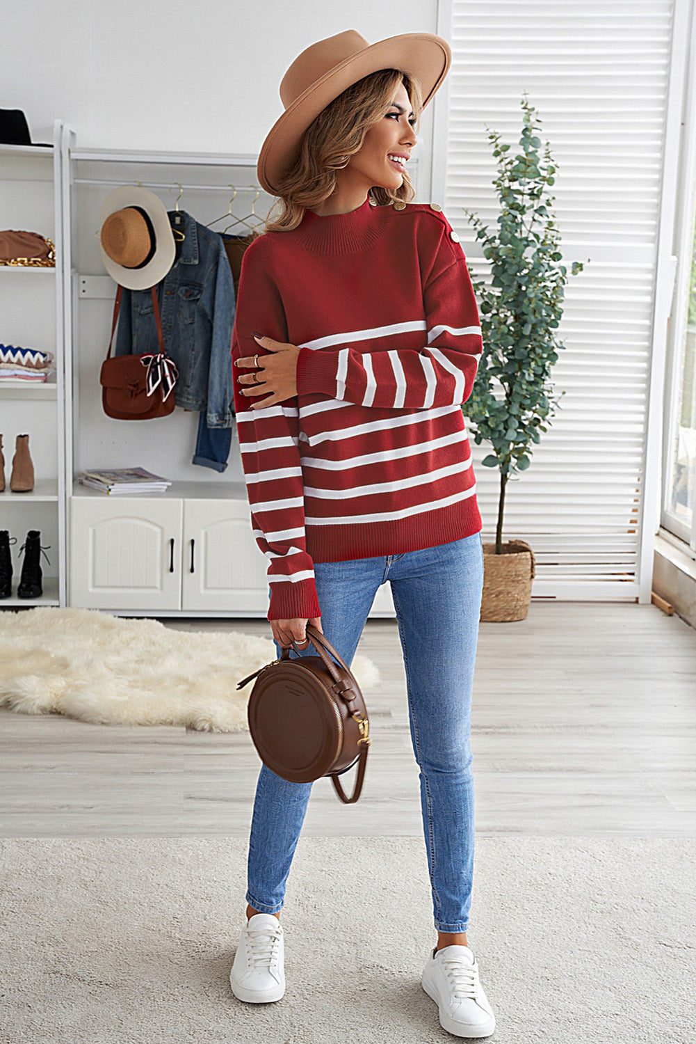 Wine Striped Turtleneck Long Sleeve Sweater with Buttons