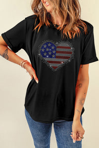 Black Rhinestone American Flag Heart Shape Graphic T Shirt