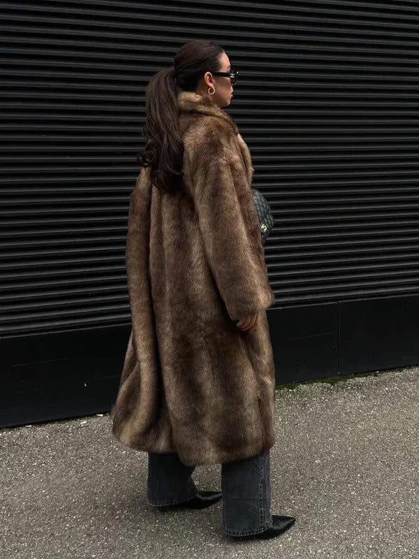 Dark Brown Faux Fur Long Overcoat For Women Fashion Lapel Single Breasted Loose Fluffy Plush Warm Coat Winter Thicken Outerwear