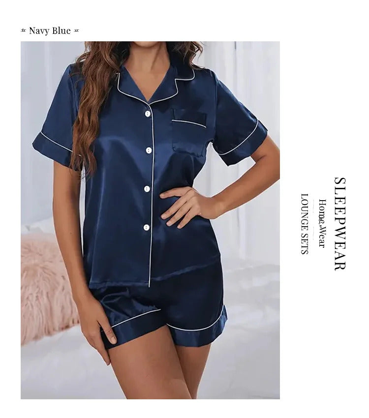 Women's Pajamas Set Satin Sleepwear Button Down Tops and Shorts Pajama 2 Piece Suit Pyjama Femme Nightwear Loungewear for Summer