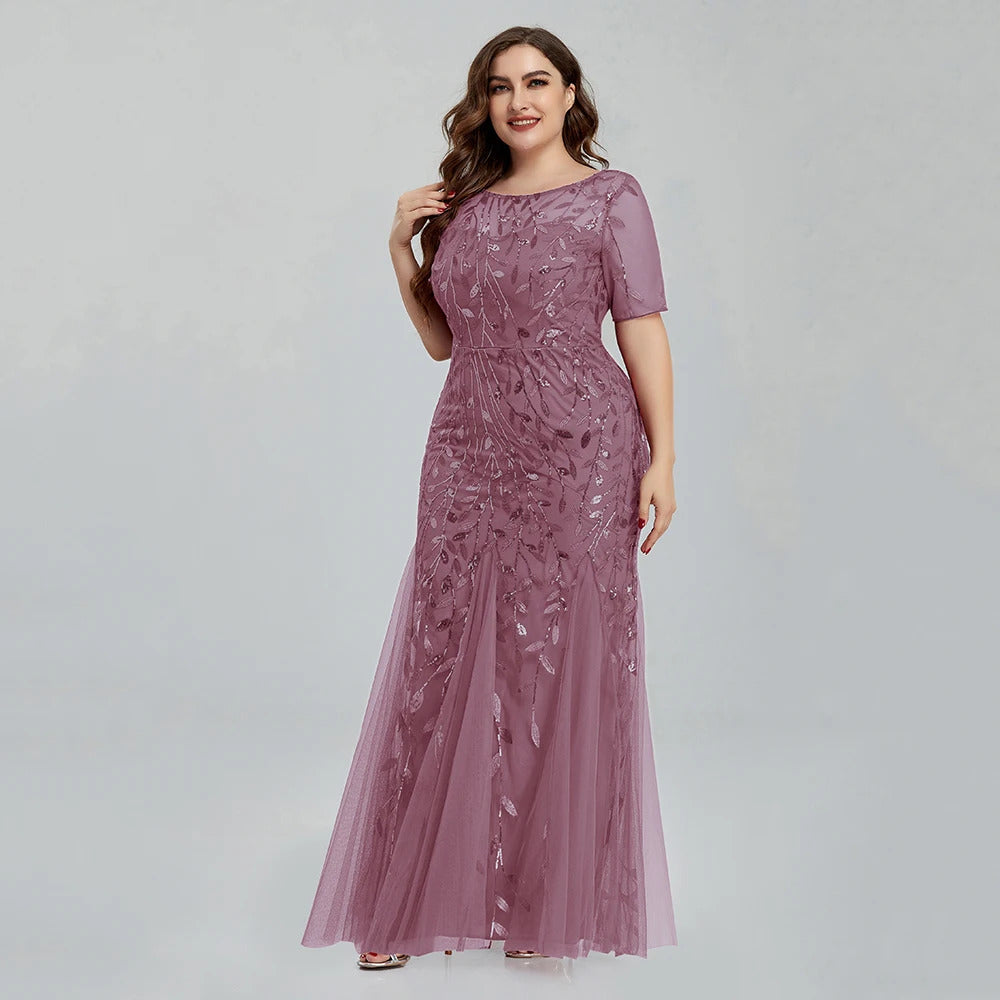 Women Plus Size Sequin Mesh Embroidery Mermaid  Evening Dress Formal Short Sleeve Elegant Party Prom Gowns 2020 New Long Dress