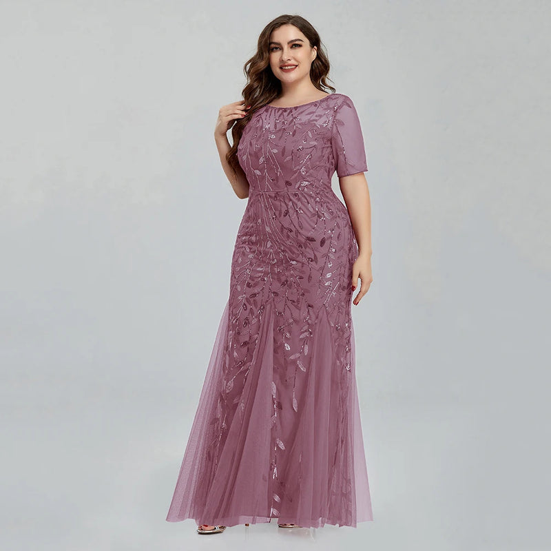 Women Plus Size Sequin Mesh Embroidery Mermaid  Evening Dress Formal Short Sleeve Elegant Party Prom Gowns 2020 New Long Dress