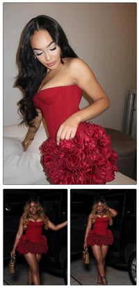 VC Christmas Dress Strapless Backless Red Structured Floral Embellished Mini Length Bodycon Celebrity Party Cocktail Dress