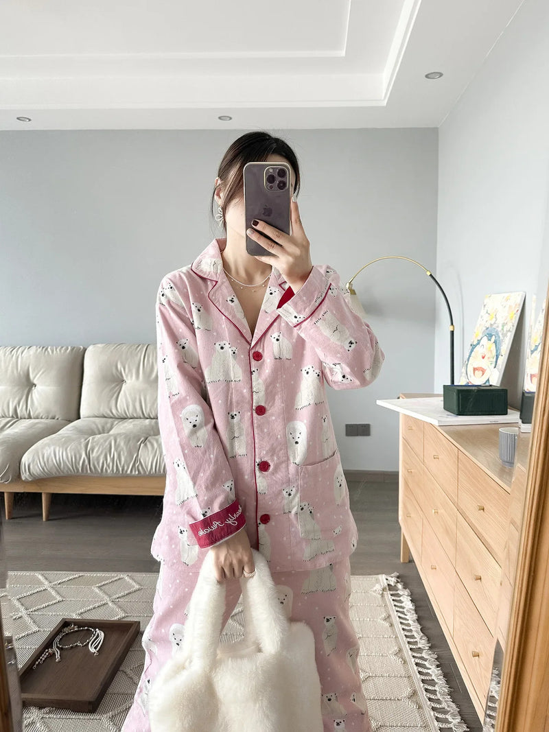 100% Cotton Pajamas for Women Loose Cartoon Long Sleeve Pants Loungewear Women 2 Piece Set Pj Women Outfit Sleepwear Set Pijamas