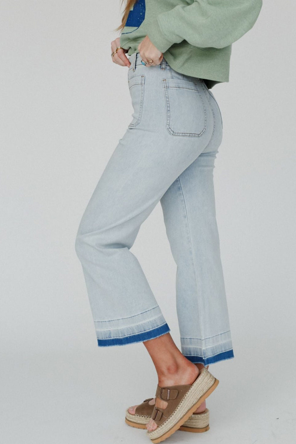 Beau Blue Acid Wash Contrast Edge Pocketed Cropped Jeans