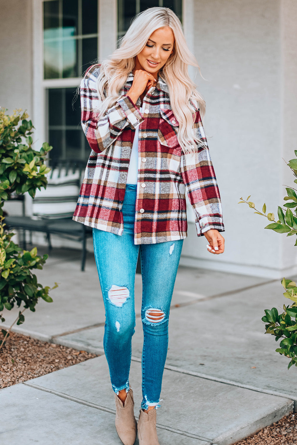 Blue Geometric Plaid Print Pocketed Shacket