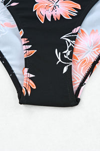 Black Ribbed Ruched Ruffle Top Printed Bikini Set