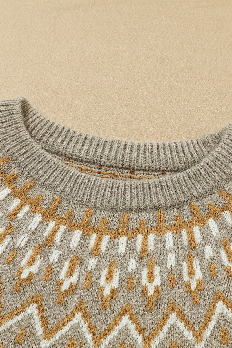 Gray Geometric Pattern Ribbed Round Neck Sweater