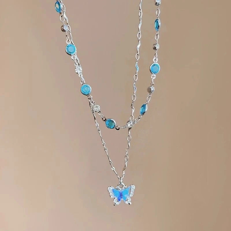 LATS Romantic Blue Crystal Butterfly Necklace for Women Girls Simple Shiny Zircon Bilayer Choker Clavicle Chain New Fine Jewelry