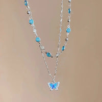 LATS Romantic Blue Crystal Butterfly Necklace for Women Girls Simple Shiny Zircon Bilayer Choker Clavicle Chain New Fine Jewelry