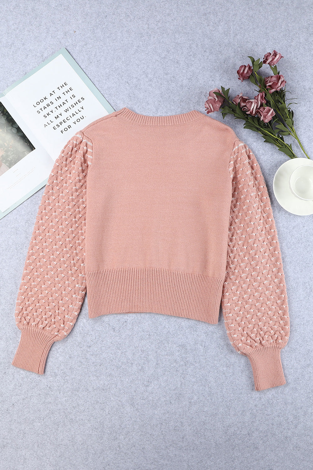 Pink Textured Bubble Sleeve Knit Sweater