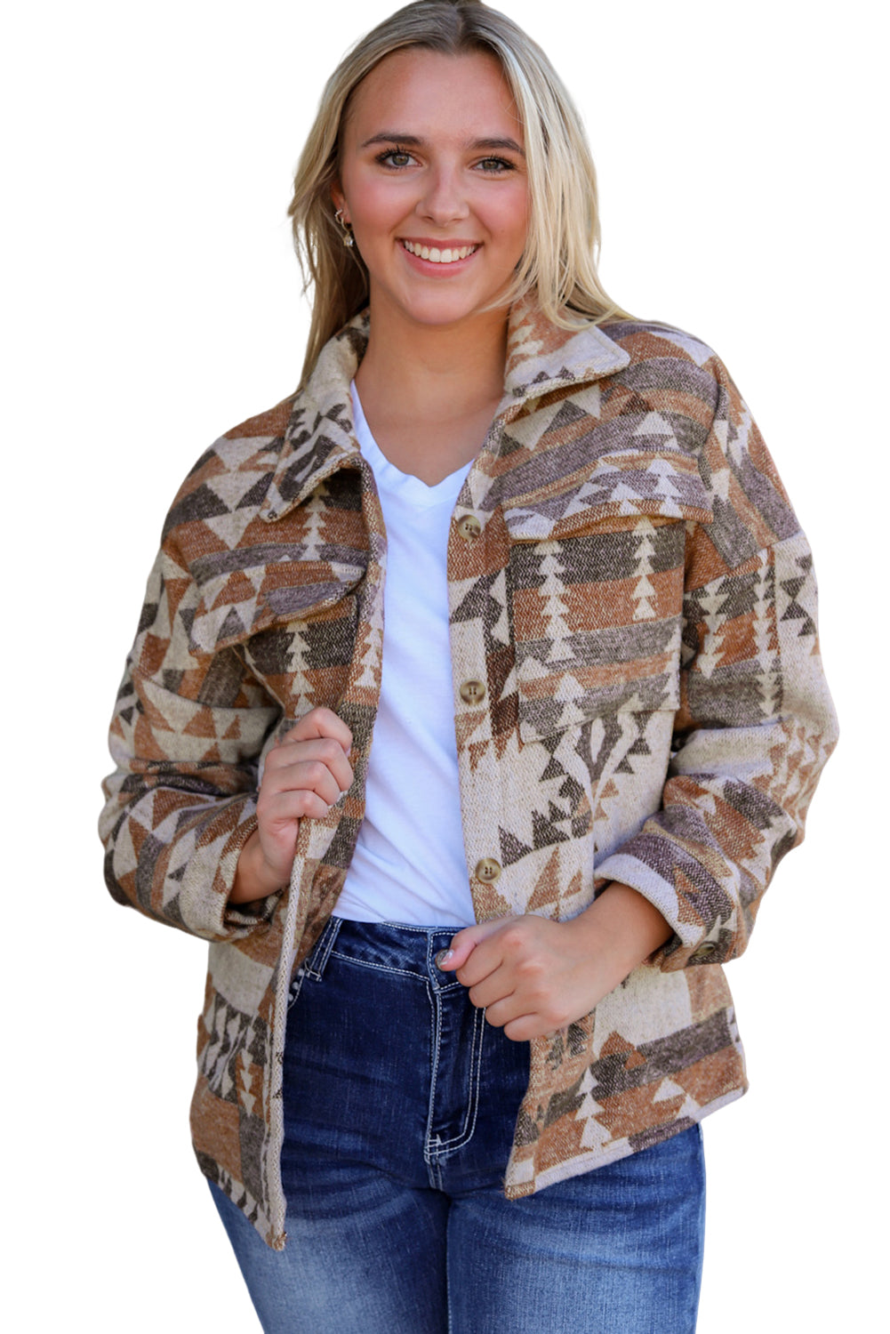 Brown Aztec Print Flap Pocket Button-up Jacket